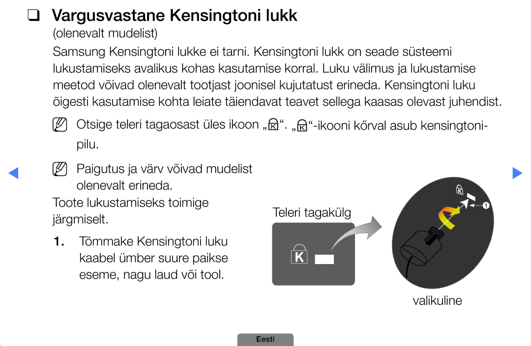 Samsung UE40D5003BWXBT, UE32D4003BWXBT, UE26D4003BWXBT manual Vargusvastane Kensingtoni lukk, Olenevalt mudelist 