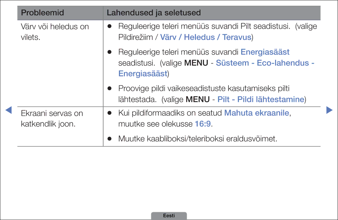 Samsung UE32D4003BWXBT, UE26D4003BWXBT, UE40D5003BWXBT manual Pildirežiim / Värv / Heledus / Teravus, Energiasääst 