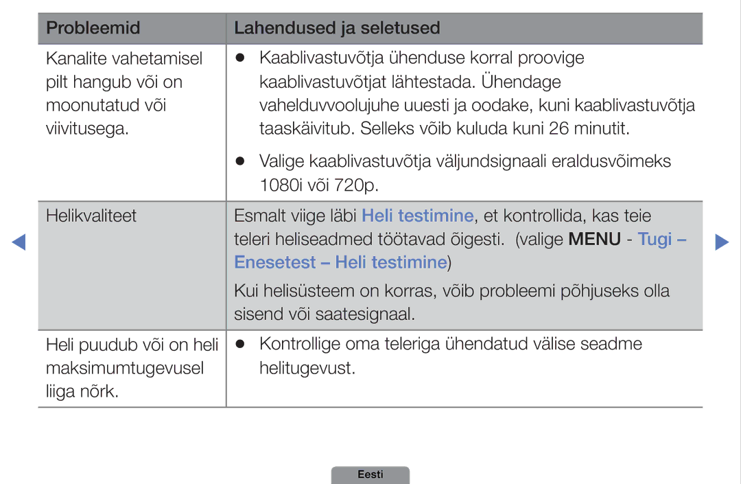Samsung UE26D4003BWXBT, UE32D4003BWXBT, UE40D5003BWXBT manual Enesetest Heli testimine 