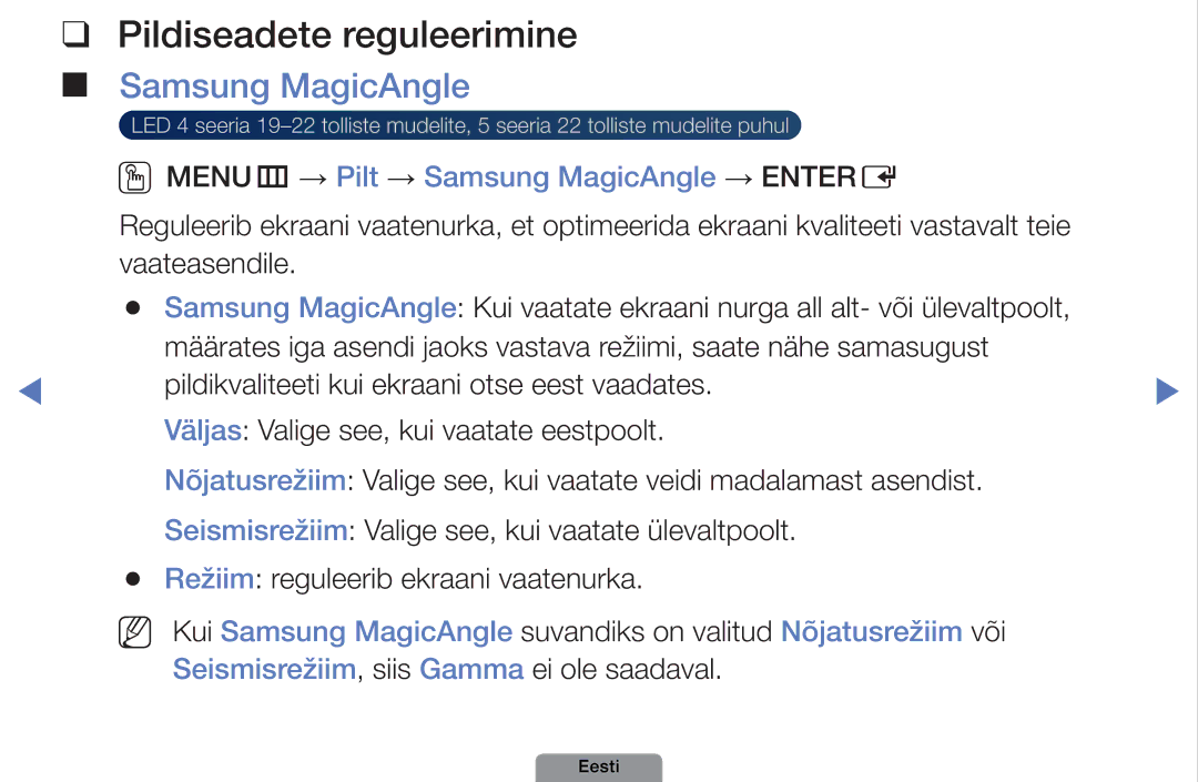 Samsung UE32D4003BWXBT, UE26D4003BWXBT manual Pildiseadete reguleerimine, OOMENUm → Pilt → Samsung MagicAngle → Entere 