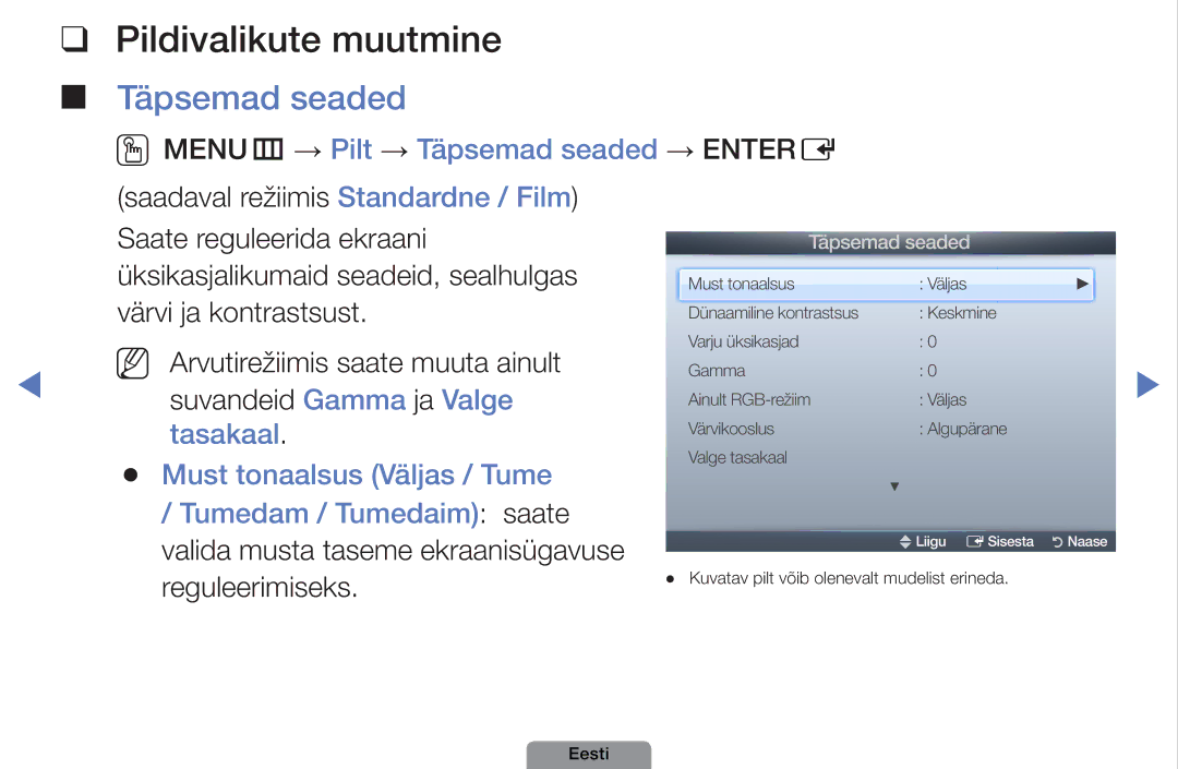 Samsung UE32D4003BWXBT, UE26D4003BWXBT manual Pildivalikute muutmine, OOMENUm → Pilt → Täpsemad seaded → Entere 