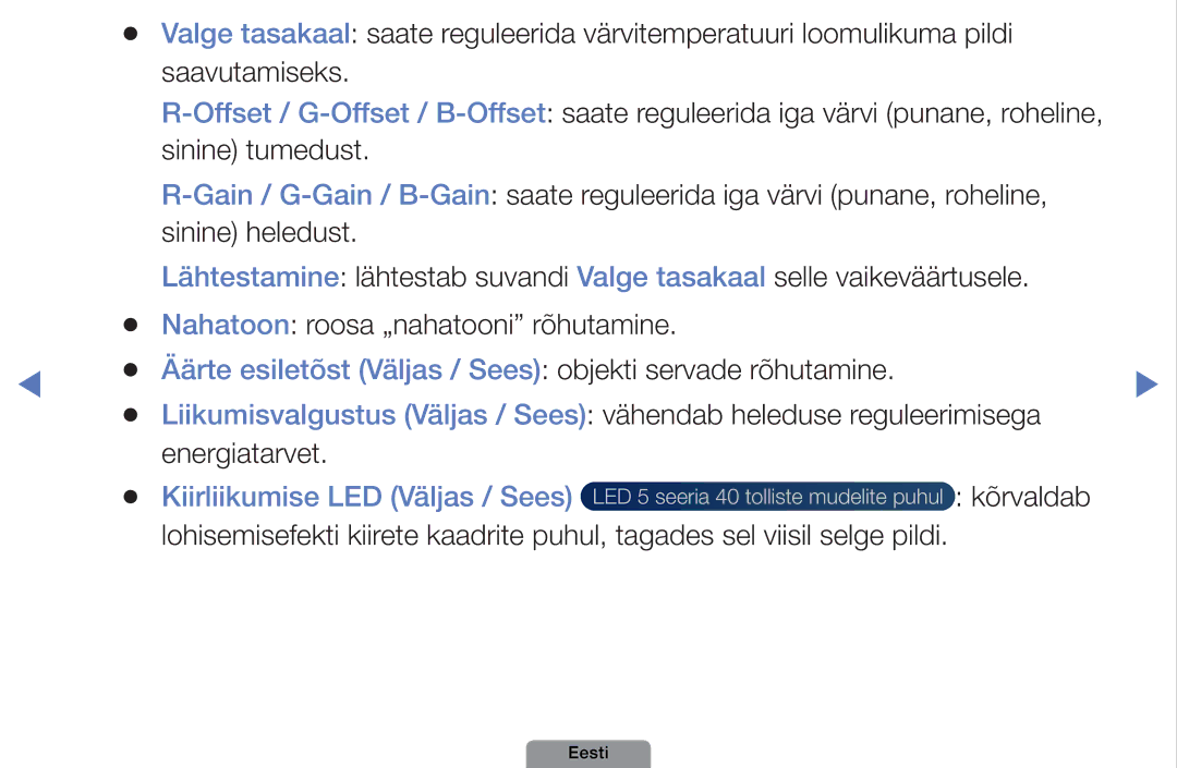 Samsung UE40D5003BWXBT manual Äärte esiletõst Väljas / Sees objekti servade rõhutamine, Kiirliikumise LED Väljas / Sees 