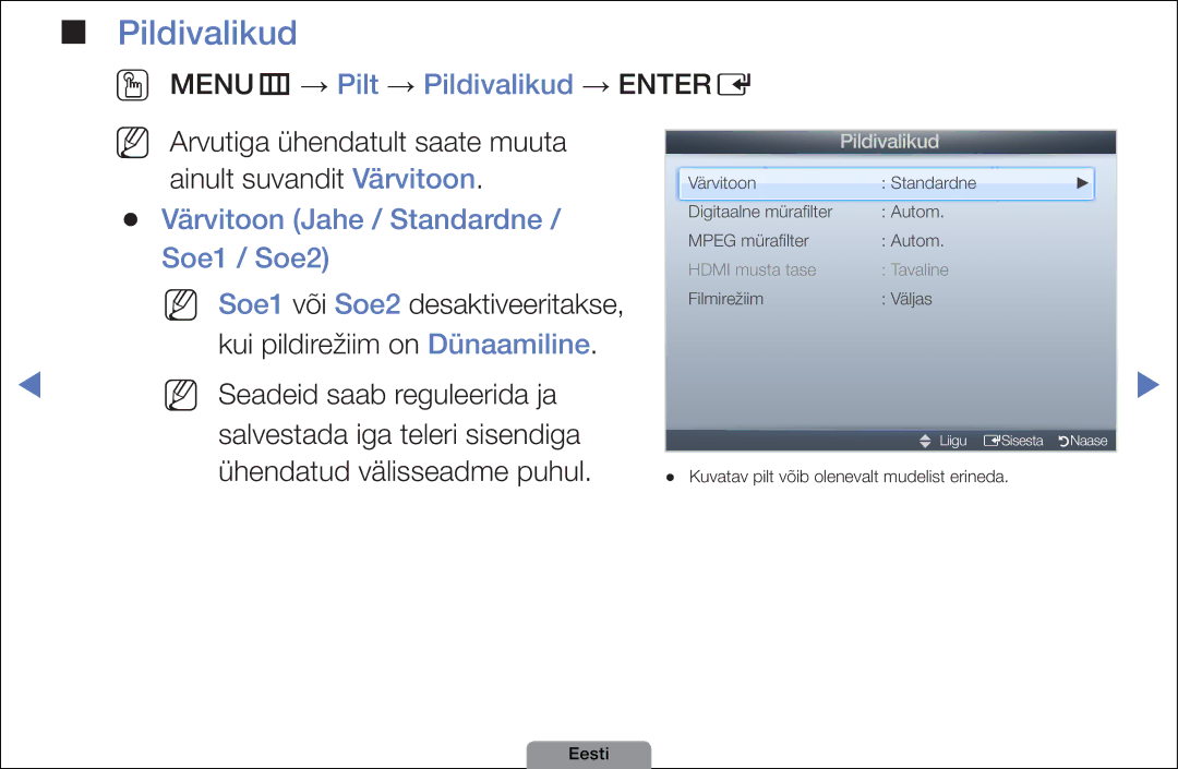 Samsung UE32D4003BWXBT manual OO MENUm → Pilt → Pildivalikud → Entere, Värvitoon Jahe / Standardne / Soe1 / Soe2 