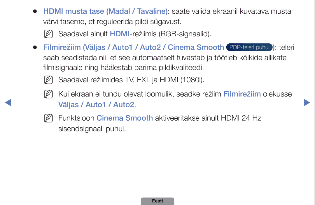 Samsung UE40D5003BWXBT, UE32D4003BWXBT, UE26D4003BWXBT manual Filmirežiim Väljas / Auto1 / Auto2 / Cinema Smooth 