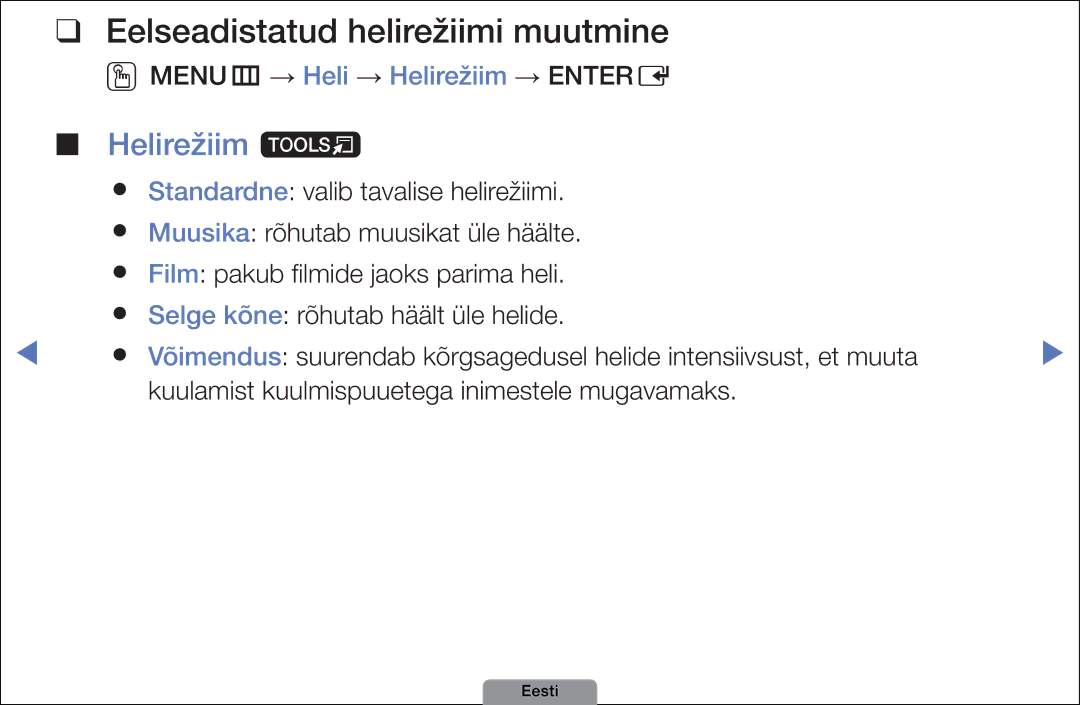 Samsung UE26D4003BWXBT manual Eelseadistatud helirežiimi muutmine, Helirežiim t, Menu m → Heli → Helirežiim → Enter E 