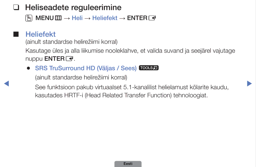 Samsung UE40D5003BWXBT, UE32D4003BWXBT manual Heliseadete reguleerimine, Heliefekt, SRS TruSurround HD Väljas / Sees t 