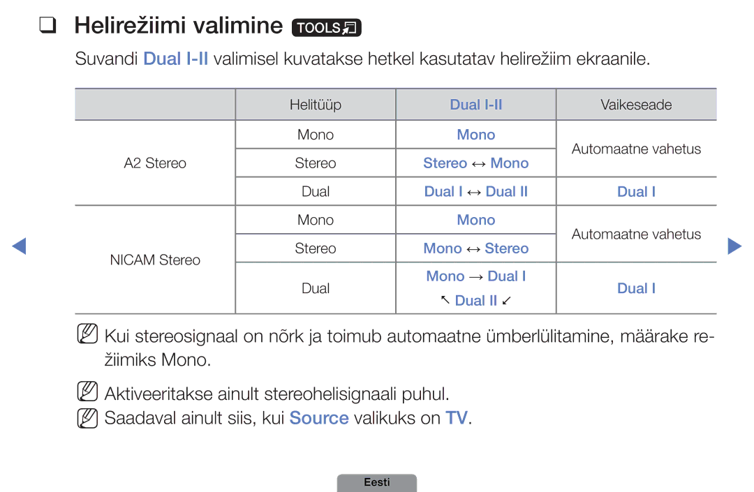 Samsung UE26D4003BWXBT, UE32D4003BWXBT, UE40D5003BWXBT manual Helirežiimi valimine t 