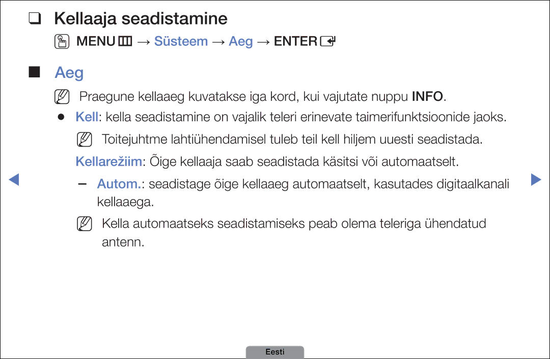 Samsung UE40D5003BWXBT, UE32D4003BWXBT, UE26D4003BWXBT manual Kellaaja seadistamine, Aeg 