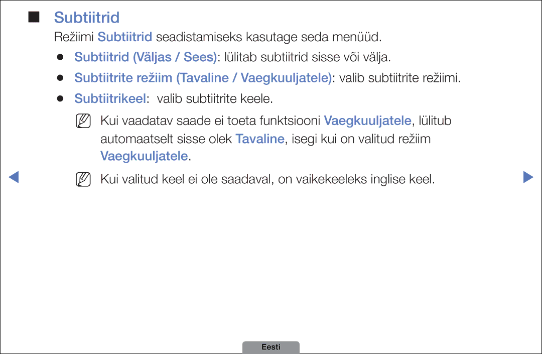 Samsung UE32D4003BWXBT, UE26D4003BWXBT, UE40D5003BWXBT manual Subtiitrid, Vaegkuuljatele 