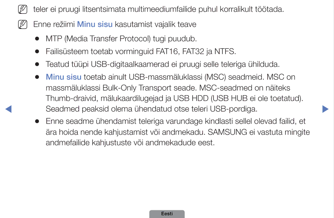 Samsung UE26D4003BWXBT, UE32D4003BWXBT, UE40D5003BWXBT manual Andmefailide kahjustuste või andmekadude eest 