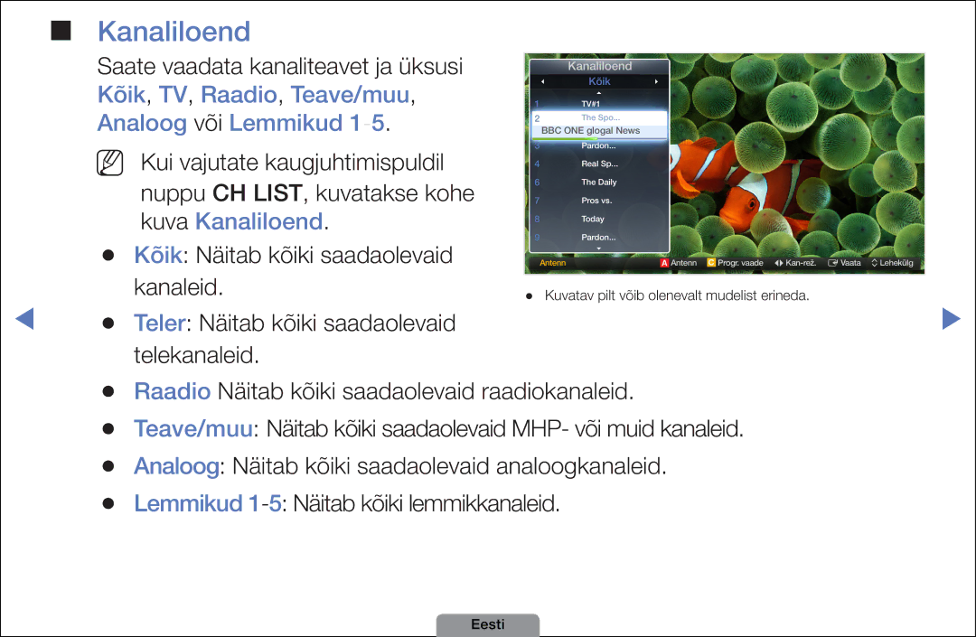 Samsung UE32D4003BWXBT, UE26D4003BWXBT manual Kõik, TV, Raadio, Teave/muu, Analoog või Lemmikud, Kuva Kanaliloend 