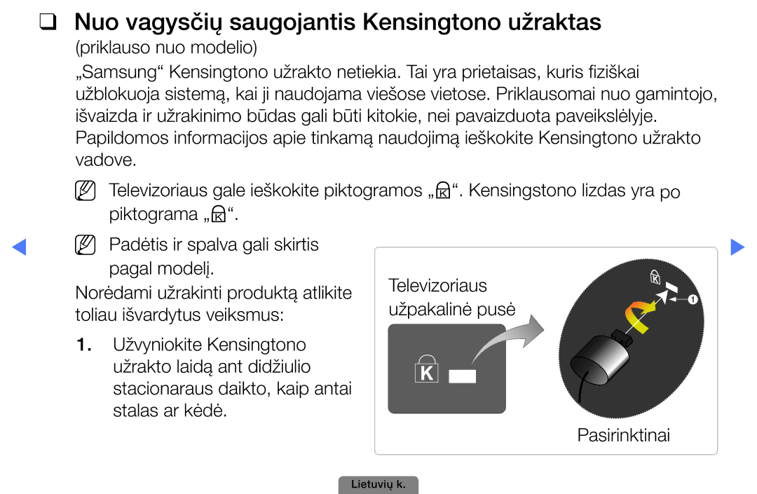 Samsung UE40D5003BWXBT, UE32D4003BWXBT, UE26D4003BWXBT manual Nuo vagysčių saugojantis Kensingtono užraktas 