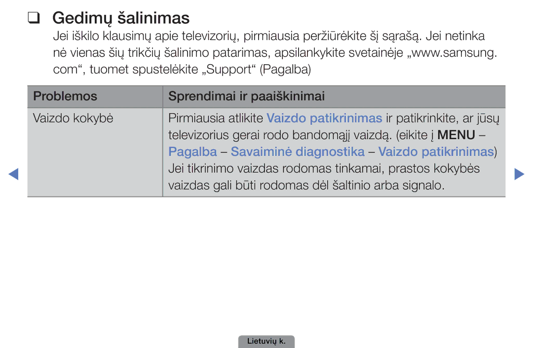 Samsung UE32D4003BWXBT, UE26D4003BWXBT, UE40D5003BWXBT Gedimų šalinimas, Pagalba Savaiminė diagnostika Vaizdo patikrinimas 