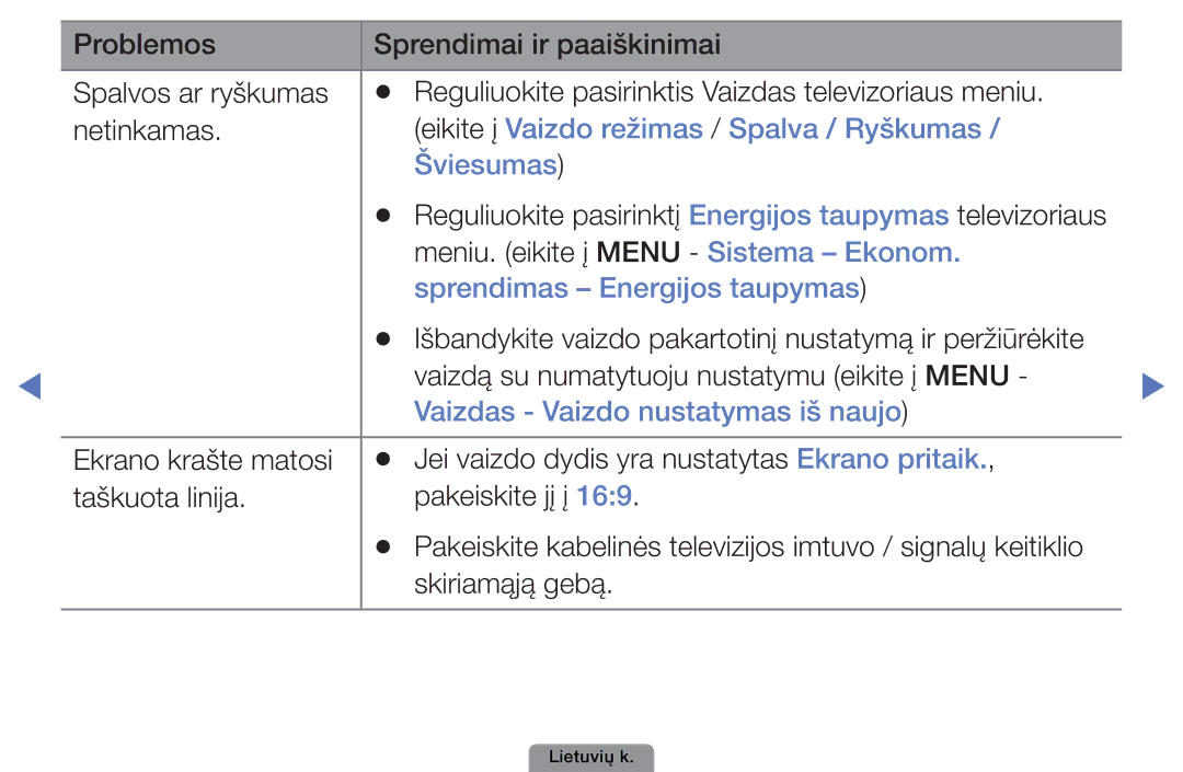 Samsung UE32D4003BWXBT manual Eikite į Vaizdo režimas / Spalva / Ryškumas Šviesumas, Sprendimas Energijos taupymas 