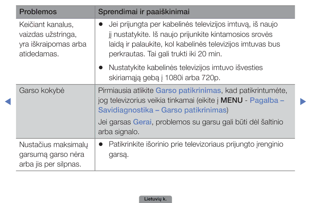 Samsung UE26D4003BWXBT, UE32D4003BWXBT, UE40D5003BWXBT manual Savidiagnostika Garso patikrinimas 