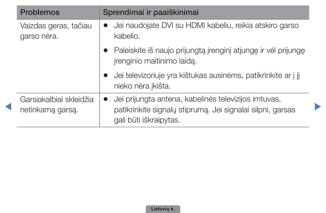 Samsung UE40D5003BWXBT, UE32D4003BWXBT, UE26D4003BWXBT manual Problemos Sprendimai ir paaiškinimai Vaizdas geras, tačiau 