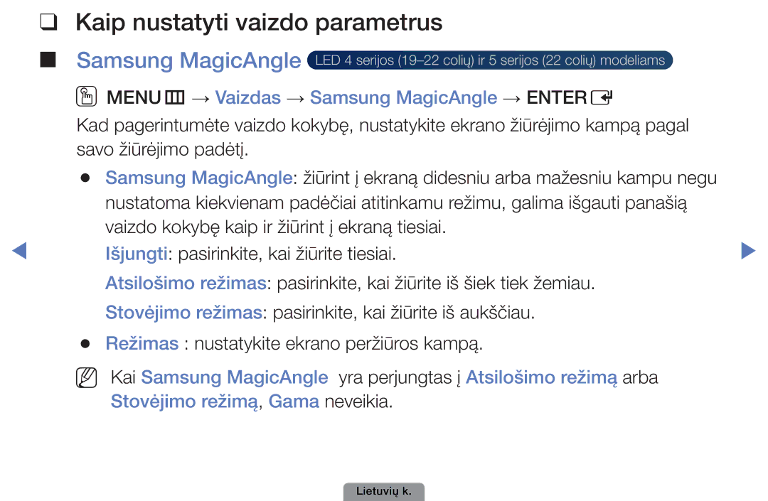 Samsung UE32D4003BWXBT, UE26D4003BWXBT, UE40D5003BWXBT manual Kaip nustatyti vaizdo parametrus, Samsung MagicAngle 