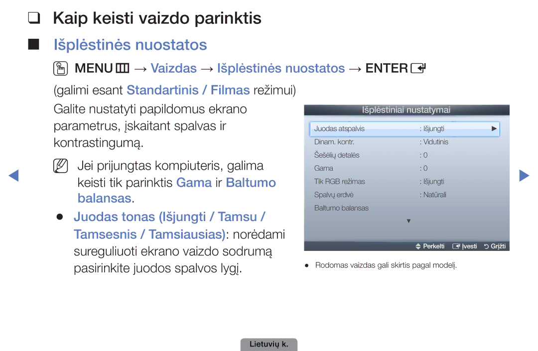 Samsung UE32D4003BWXBT, UE26D4003BWXBT, UE40D5003BWXBT manual Kaip keisti vaizdo parinktis, Išplėstinės nuostatos 