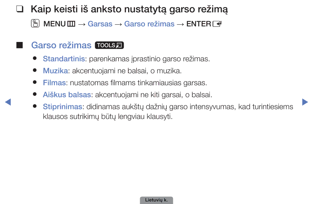 Samsung UE26D4003BWXBT, UE32D4003BWXBT, UE40D5003BWXBT manual Kaip keisti iš anksto nustatytą garso režimą, Garso režimas t 