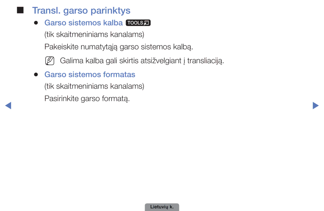 Samsung UE26D4003BWXBT, UE32D4003BWXBT manual Transl. garso parinktys, Garso sistemos kalba t, Garso sistemos formatas 