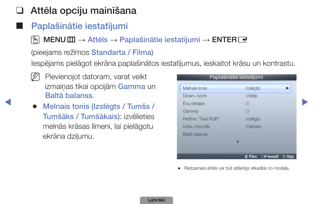 Samsung UE32D4003BWXBT, UE26D4003BWXBT, UE40D5003BWXBT manual Attēla opciju mainīšana, Paplašinātie iestatījumi 