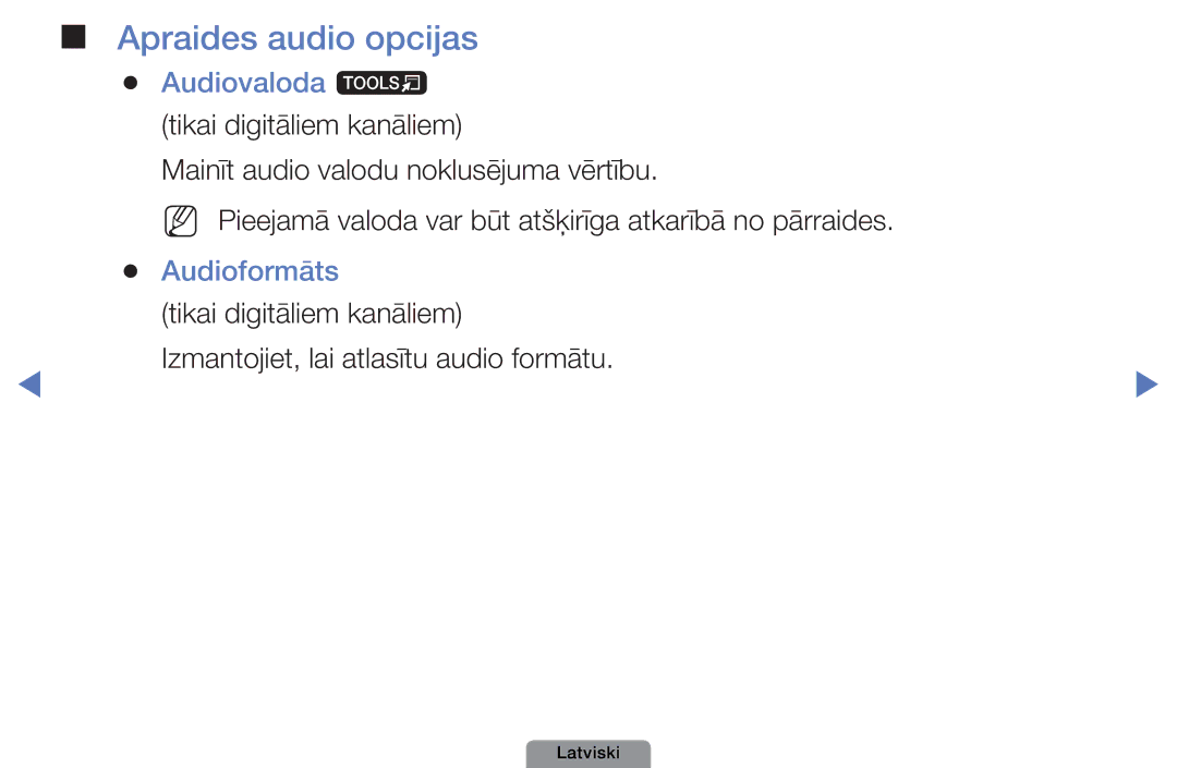 Samsung UE26D4003BWXBT, UE32D4003BWXBT manual Apraides audio opcijas, Audiovaloda t tikai digitāliem kanāliem, Audioformāts 