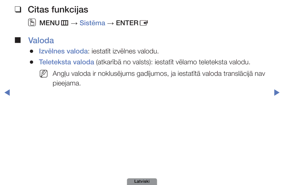 Samsung UE26D4003BWXBT manual Citas funkcijas, Valoda, OOMENUm → Sistēma → Entere, Izvēlnes valoda iestatīt izvēlnes valodu 