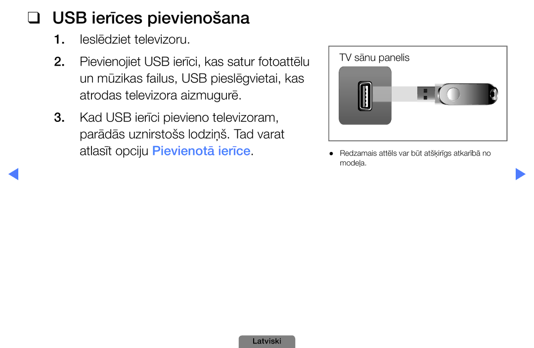 Samsung UE32D4003BWXBT, UE26D4003BWXBT, UE40D5003BWXBT manual USB ierīces pievienošana, Ieslēdziet televizoru 