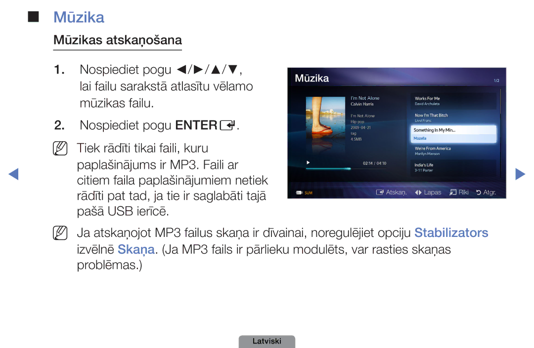 Samsung UE26D4003BWXBT, UE32D4003BWXBT, UE40D5003BWXBT manual Mūzika, Pašā USB ierīcē 