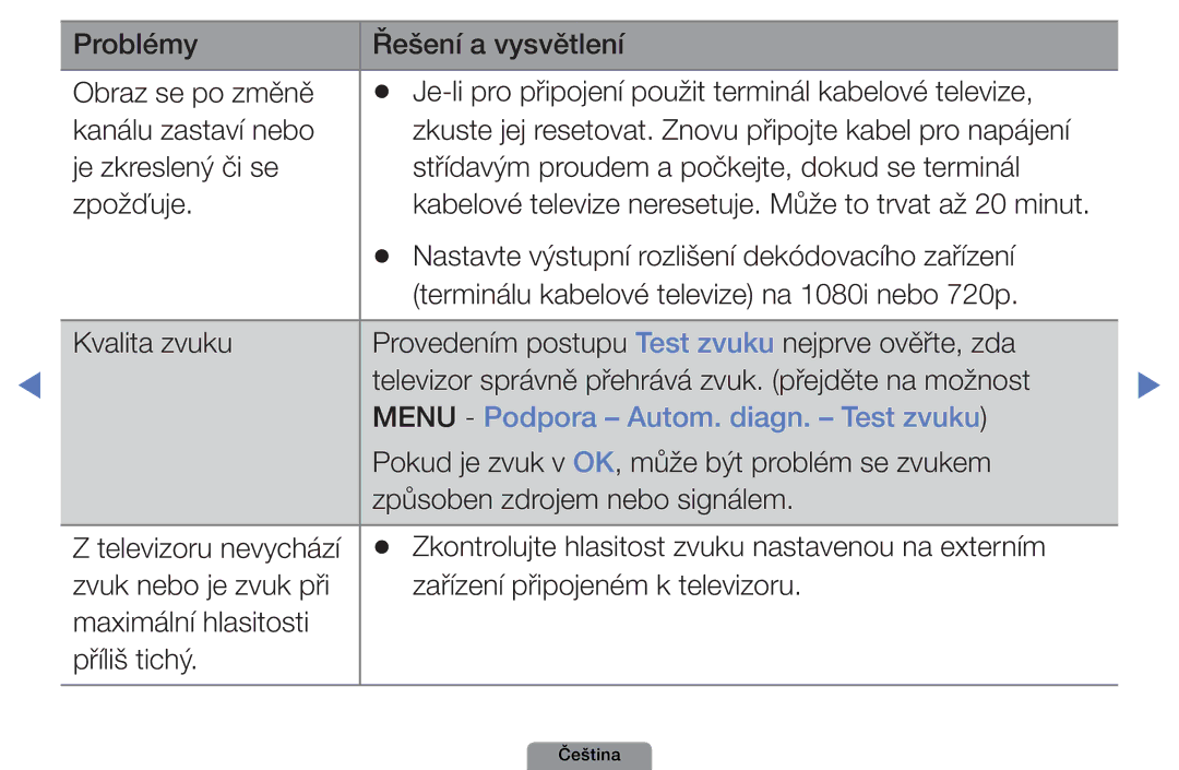 Samsung UE32D4003BWXBT, UE32D4003BWXXC, UE32D4003BWXZF, UE32D4003BWXXU, UE26D4003BWXZT Menu Podpora Autom. diagn. Test zvuku 