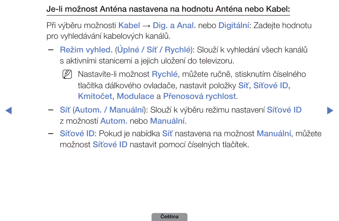 Samsung UE32D4003BWXBT manual Kmitočet, Modulace a Přenosová rychlost, Možnost Síťové ID nastavit pomocí číselných tlačítek 