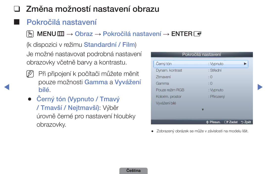 Samsung UE26D4003BWXBT, UE32D4003BWXXC, UE32D4003BWXZF, UE32D4003BWXBT Změna možností nastavení obrazu, Pokročilá nastavení 