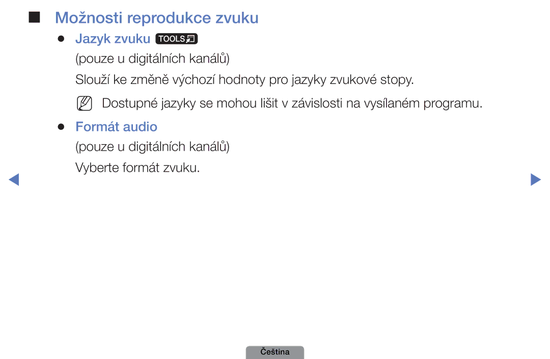 Samsung UE26D4003BWXBT, UE32D4003BWXXC Možnosti reprodukce zvuku, Jazyk zvuku t pouze u digitálních kanálů, Formát audio 