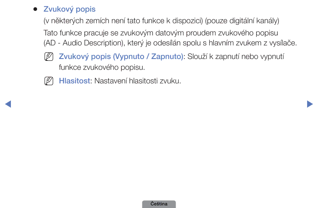 Samsung UE40D5003BWXBT, UE32D4003BWXXC manual Zvukový popis, Funkce zvukového popisu Hlasitost Nastavení hlasitosti zvuku 