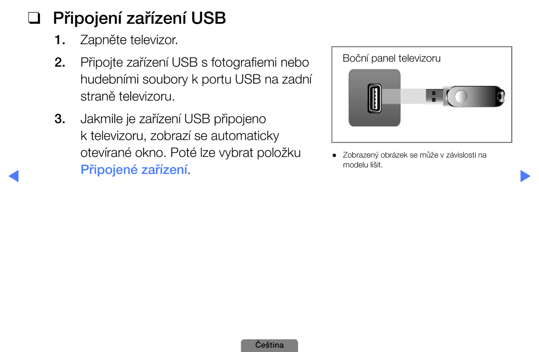 Samsung UE40D5003BWXBT, UE32D4003BWXXC, UE32D4003BWXZF, UE32D4003BWXBT manual Připojení zařízení USB, Připojené zařízení 