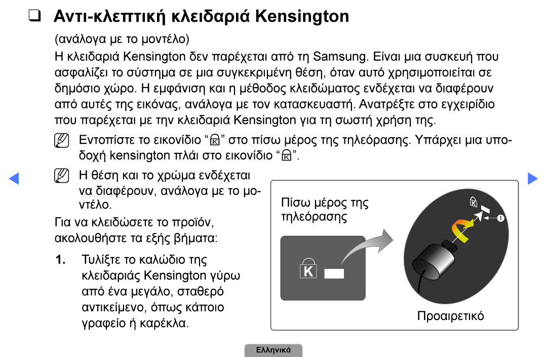 Samsung UE19D4003BWXXH, UE32D4003BWXXH, UE40D5003BWXXH, UE26D4003BWXXH, UE22D5003BWXXH Αντι-κλεπτική κλειδαριά Kensington 