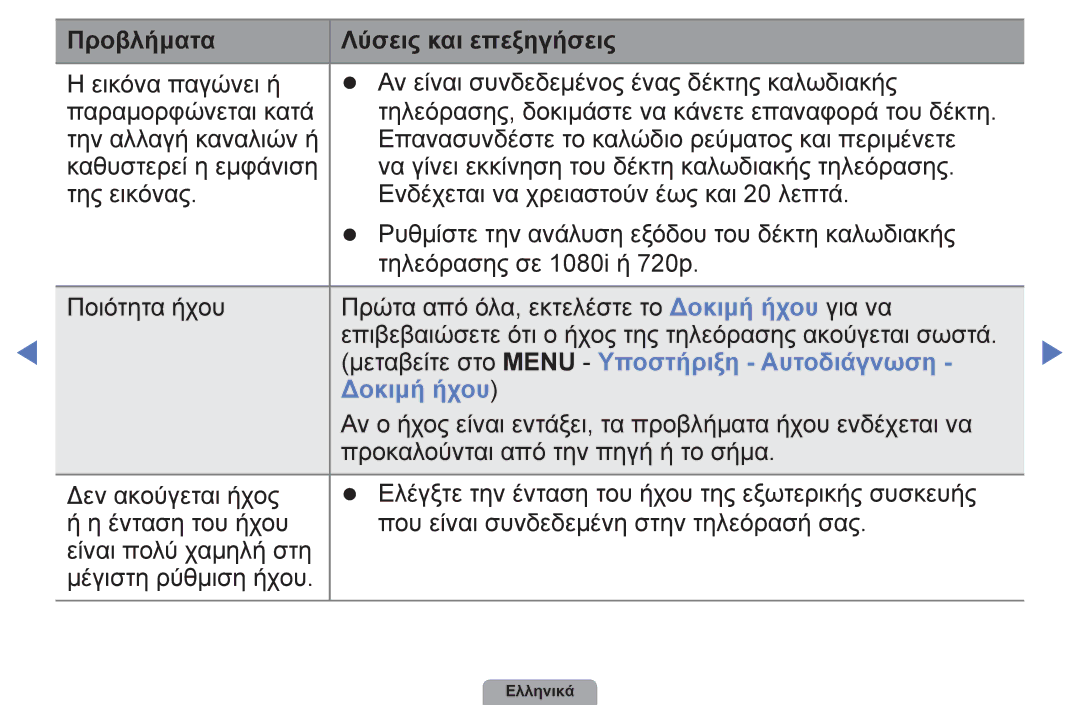 Samsung UE26D4003BWXXH, UE32D4003BWXXH, UE40D5003BWXXH manual Μεταβείτε στο Menu Υποστήριξη Αυτοδιάγνωση, Δοκιμή ήχου 