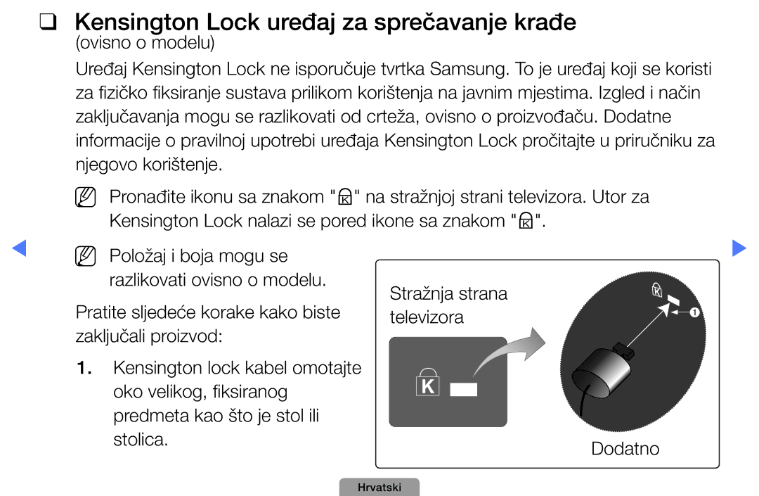 Samsung UE32D4003BWXXH, UE40D5003BWXXH, UE26D4003BWXXH, UE22D5003BWXXH manual Kensington Lock uređaj za sprečavanje krađe 