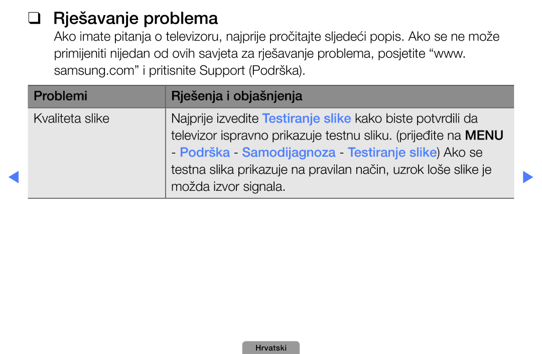 Samsung UE32D4003BWXXH, UE40D5003BWXXH, UE26D4003BWXXH Rješavanje problema, Podrška Samodijagnoza Testiranje slike Ako se 