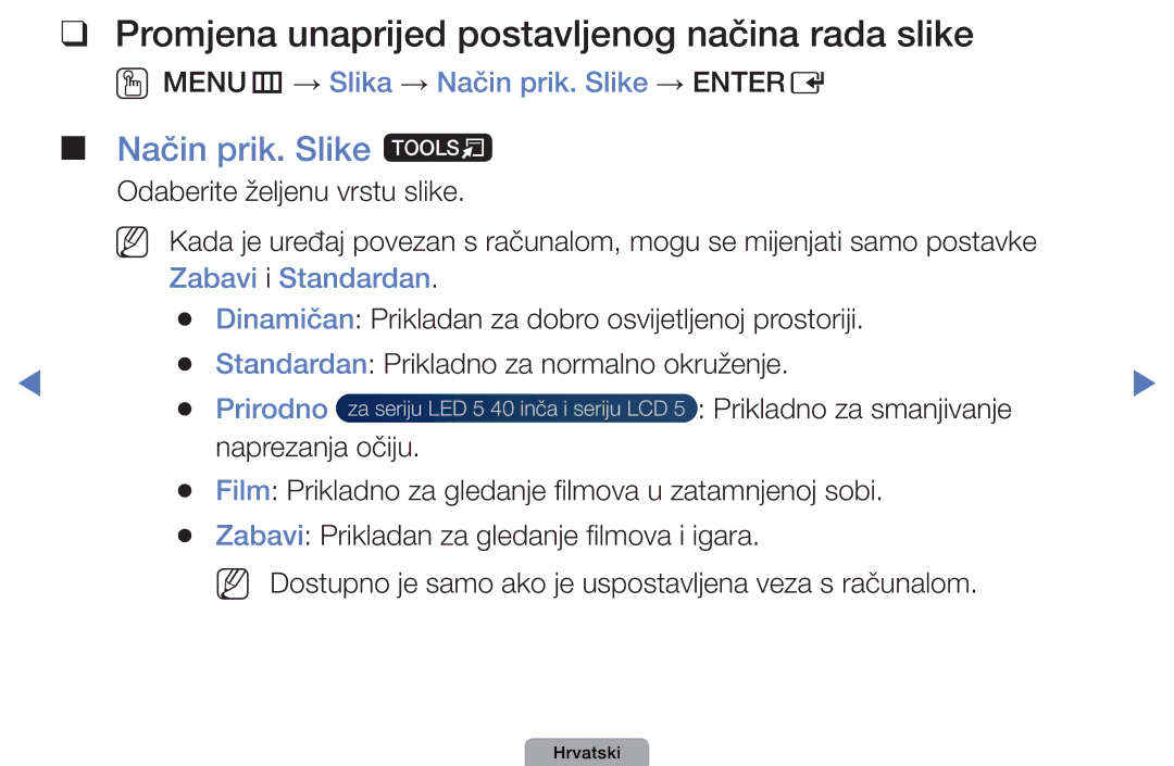 Samsung UE40D5003BWXXH manual Promjena unaprijed postavljenog načina rada slike, Način prik. Slike t, Zabavi i Standardan 