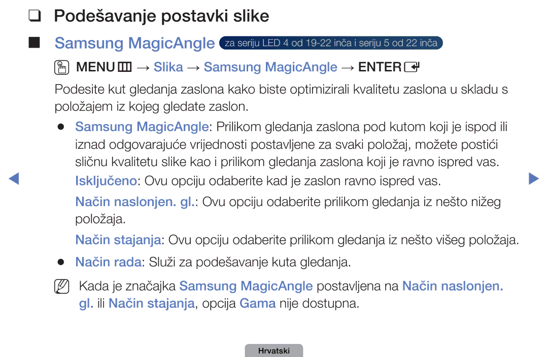 Samsung UE26D4003BWXXH, UE32D4003BWXXH manual Podešavanje postavki slike, OOMENUm → Slika → Samsung MagicAngle → Entere 