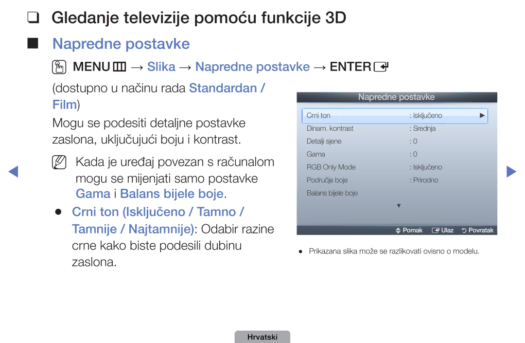 Samsung UE32D4003BWXXH, UE40D5003BWXXH, UE26D4003BWXXH manual Gledanje televizije pomoću funkcije 3D, Napredne postavke 