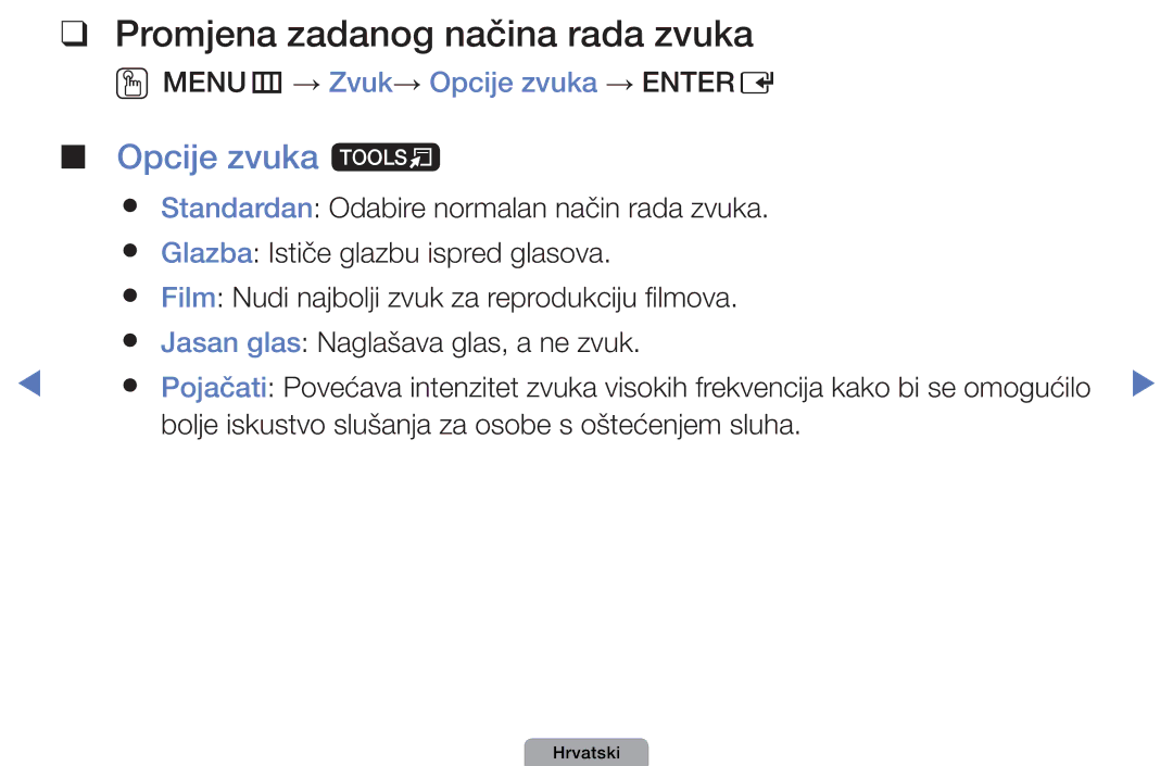 Samsung UE22D5003BWXXH manual Promjena zadanog načina rada zvuka, Opcije zvuka t, OOMENUm → Zvuk→ Opcije zvuka → Entere 