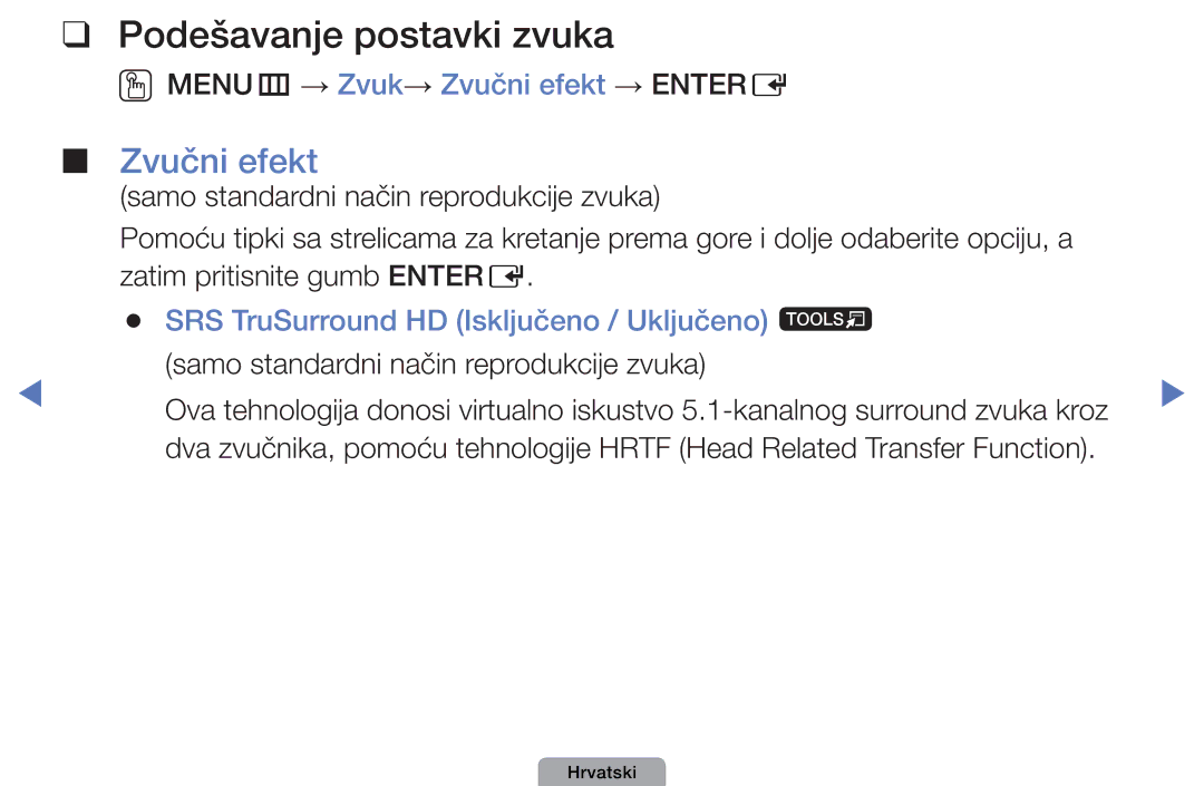 Samsung UE32D4003BWXXH, UE40D5003BWXXH manual Podešavanje postavki zvuka, OOMENUm → Zvuk→ Zvučni efekt → Entere 