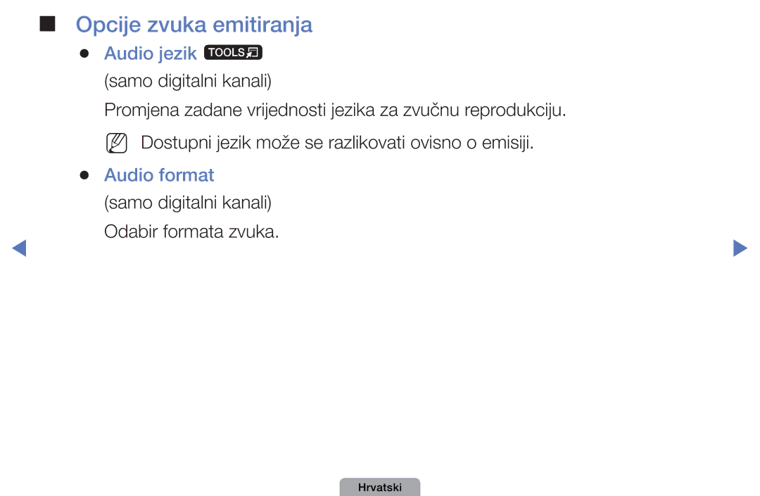 Samsung UE26D4003BWXXH, UE32D4003BWXXH manual Opcije zvuka emitiranja, Audio jezik t samo digitalni kanali, Audio format 