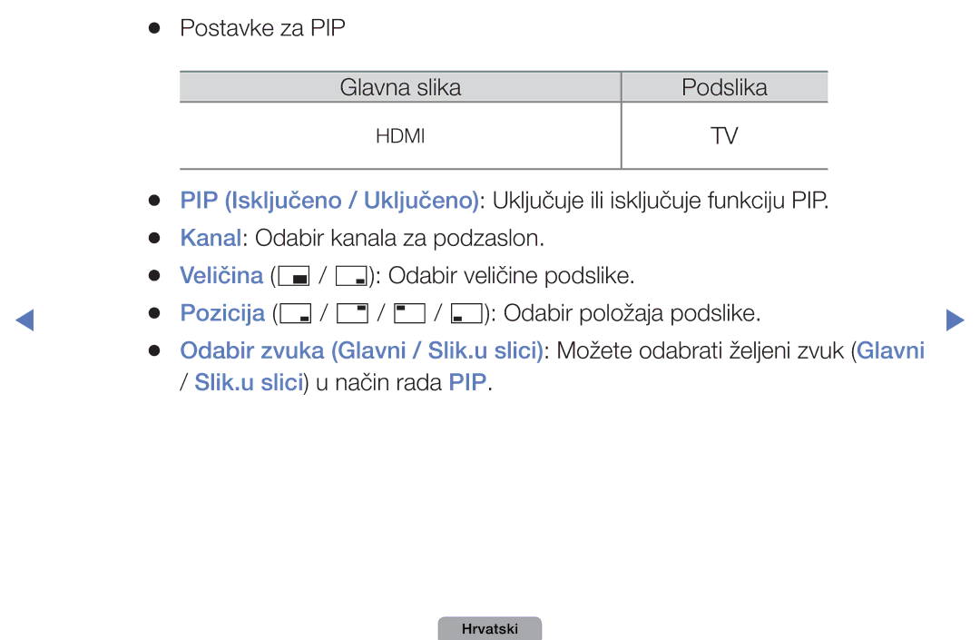 Samsung UE22D5003BWXXH, UE32D4003BWXXH, UE40D5003BWXXH, UE26D4003BWXXH manual Postavke za PIP 