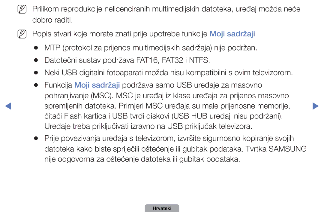 Samsung UE32D4003BWXXH, UE40D5003BWXXH, UE26D4003BWXXH manual Nije odgovorna za oštećenje datoteka ili gubitak podataka 