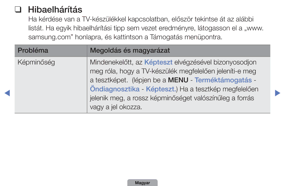 Samsung UE26D4003BWXXH, UE32D4003BWXXH, UE40D5003BWXXH, UE32D4003BWXXC, UE32D4003BWXZF, UE32D4003BWXBT manual Hibaelhárítás 
