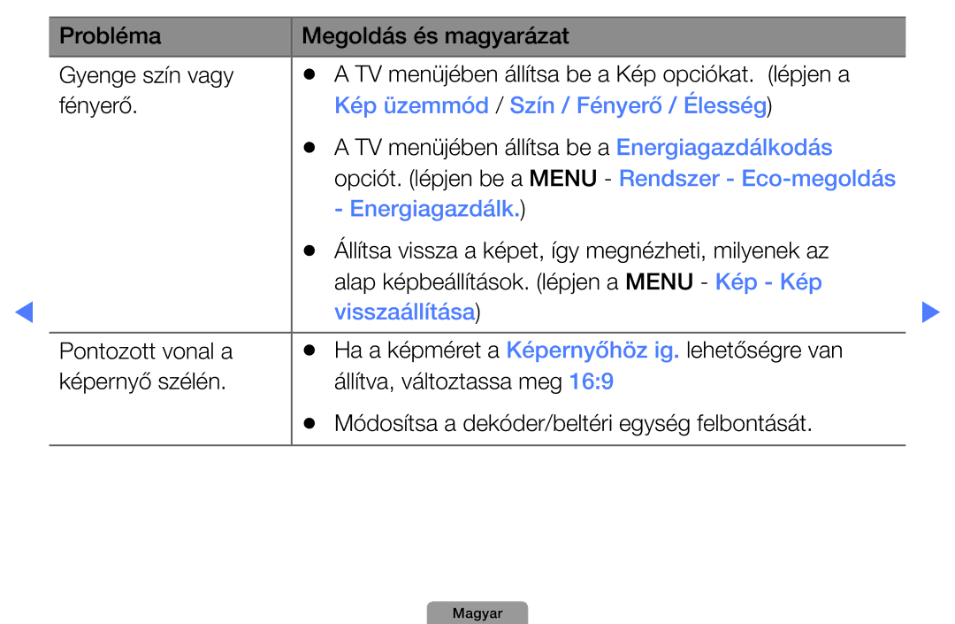 Samsung UE40D5003BWXBT, UE32D4003BWXXH manual Kép üzemmód / Szín / Fényerő / Élesség, Energiagazdálk, Visszaállítása 