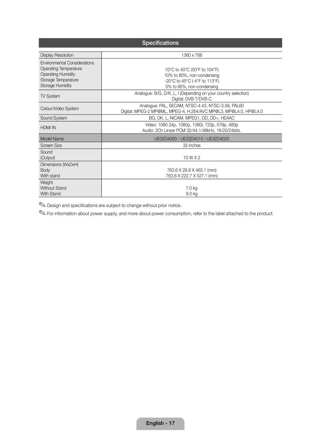 Samsung UE32D4000NWXXC manual Display Resolution, Operating Temperature, Operating Humidity, Storage Temperature, TV System 